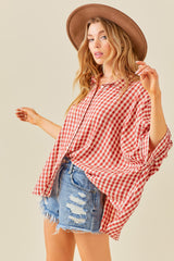 Burgundy Gingham Button Up Collared Boxy Top