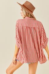 Burgundy Gingham Button Up Collared Boxy Top