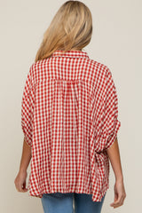 Burgundy Gingham Button Up Collared Boxy Maternity Top