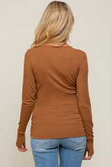 Camel Button Front Long Sleeve Maternity Top