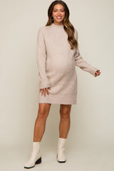 Beige Knit Long Sleeve Maternity Sweater Dress