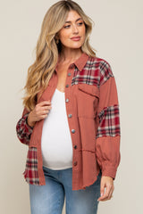 Rust Plaid Button Down Raw Hem Maternity Shirt