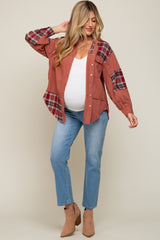 Rust Plaid Button Down Raw Hem Maternity Shirt