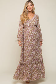 Mocha Floral Chiffon Button Front Smocked Waist Maternity Maxi Dress