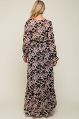 Black Floral Chiffon Button Front Smocked Waist Maternity Maxi Dress