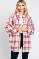 Magenta Flannel Plaid Button Up Maternity Shacket