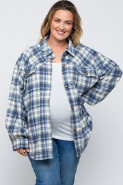 Navy Blue Flannel Plaid Button Up Maternity Plus Shacket