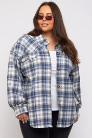 Navy Blue Flannel Plaid Button Up Plus Shacket