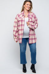 Magenta Flannel Plaid Button Up Maternity Plus Shacket