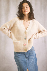 Beige Multi-Color Button Maternity Cardigan