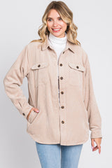 Beige Corduroy Plaid Fleece Lined Button Down Maternity Shacket