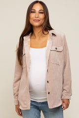 Beige Corduroy Plaid Fleece Lined Button Down Maternity Shacket