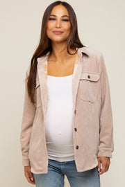 Beige Corduroy Plaid Fleece Lined Button Down Maternity Shacket