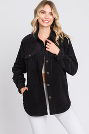 Black Corduroy Plaid Fleece Lined Button Down Shacket