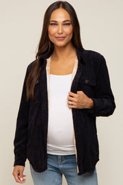 Black Corduroy Plaid Fleece Lined Button Down Maternity Shacket