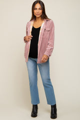 Mauve Corduroy Plaid Fleece Lined Button Down Maternity Shacket