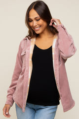 Mauve Corduroy Plaid Fleece Lined Button Down Maternity Shacket