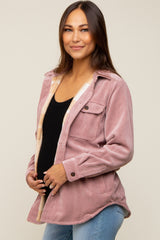 Mauve Corduroy Plaid Fleece Lined Button Down Maternity Shacket