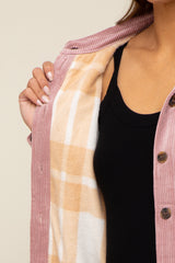 Mauve Corduroy Plaid Fleece Lined Button Down Maternity Shacket