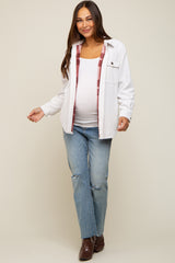 White Corduroy Plaid Fleece Lined Button Down Maternity Shacket