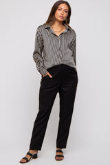 Black Striped Satin Collared Round Hem Maternity Blouse