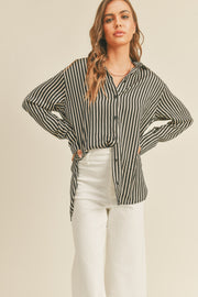 Black Striped Satin Collared Round Hem Blouse