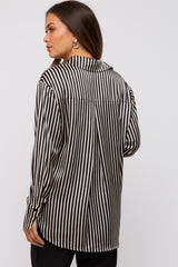 Black Striped Satin Collared Round Hem Maternity Blouse