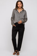 Black Striped Satin Collared Round Hem Maternity Blouse