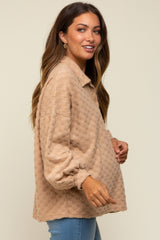 Taupe Fuzzy Checkered Button Front Maternity Top