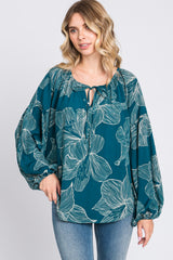 Teal Floral Tie Detail Long Sleeve Blouse