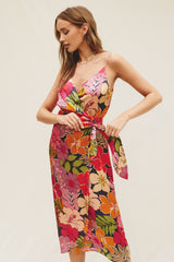 Pink Floral Midi Wrap Dress