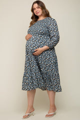 Black Floral Smocked 3/4 Sleeve Maternity Plus Midi Dress