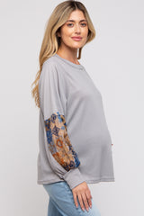 Grey Waffle Knit Contrast Sleeve Maternity Top