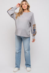 Grey Waffle Knit Contrast Sleeve Maternity Top