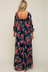 Navy Blue Floral Chiffon Square Neck 3/4 Ruffle Sleeve Maternity Maxi Dress