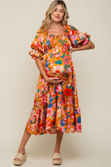 Orange Floral Satin Smocked Short Sleeve Maternity Midi Dress