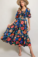 Black Floral Satin Smocked Short Sleeve Midi Dress