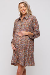 Brown Paisley Print Collared Maternity Dress