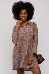 Brown Paisley Print Collared Maternity Dress