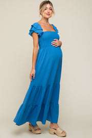 Blue Smocked Ruffle Off Shoulder Tiered Maternity Maxi Dress