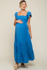 Blue Smocked Ruffle Off Shoulder Tiered Maternity Maxi Dress