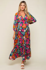 Teal Retro Floral V-Neck Ruffle Knit Maternity Maxi Dress