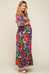 Teal Retro Floral V-Neck Ruffle Knit Maternity Maxi Dress