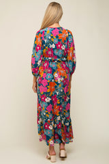 Teal Retro Floral V-Neck Ruffle Knit Maternity Maxi Dress