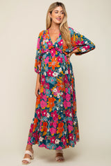 Teal Retro Floral V-Neck Ruffle Knit Maternity Maxi Dress