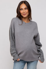 Heather Grey Cable Knit Sleeve Maternity Sweater