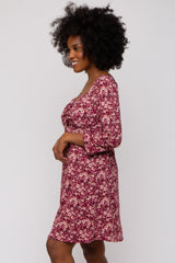 Burgundy Floral Ruched Long Sleeve Dress