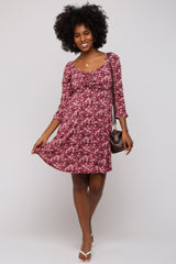 Burgundy Floral Ruched Long Sleeve Dress