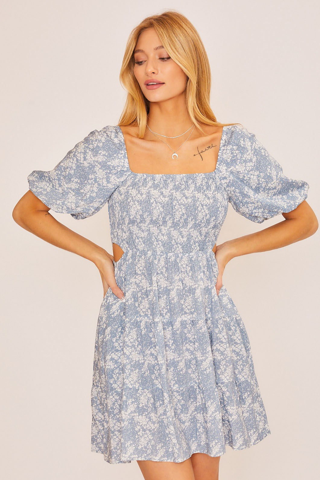 Dusty Blue Smocked Bodice Mini Dress – PinkBlush