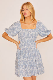 Dusty Blue Smocked Bodice Mini Dress